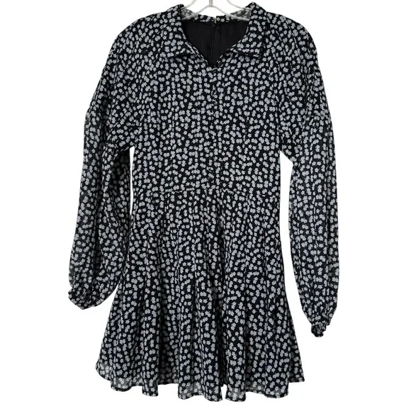 Black & White Floral Fit and Flare Long Sleeve Dress Size S - Picture 2 of 6
